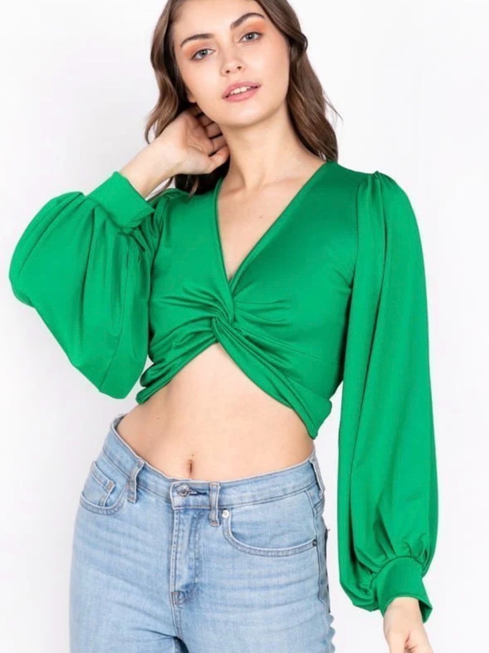 White Fox Boutique Emerald Twist-Front V-Neck Crop Top Balloon Sleeves XS